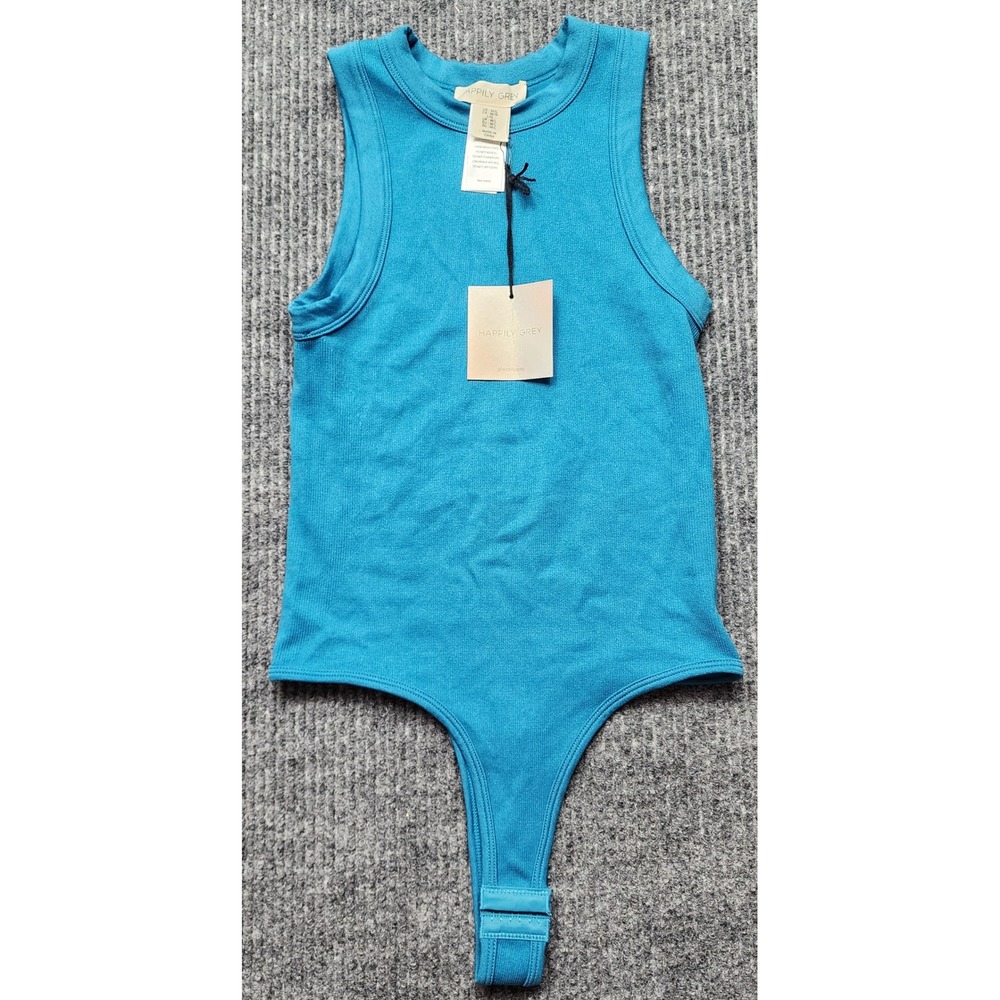 Happily Grey Womens Ribbed Sleeveless Bodysuit Teal Blue Size M/L Crew Neck New